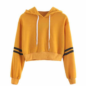 Sudadera Corta con Capucha para Mujer, Color Sólido, Manga Larga, Informal, Otoñal, Tejida, Amarilla, 100% Algodón, Transpirable - Product Image 1