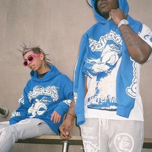 Sweat à capuche surdimensionné unisexe de haute qualité en éponge française bleue personnalisable avec logo brodé en coton lourd Streetwear pour hommes - Product Image 1