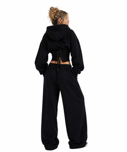 Conjunto de dos piezas de lujo para mujer: Sudadera con capucha estilo corsé y pantalón de pierna ancha de forro polar para invierno, con cintura ajustada y corte relajado. - Product Image 3