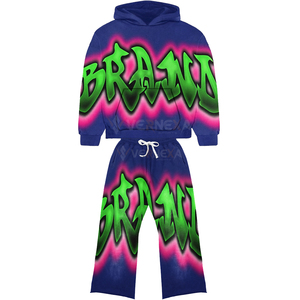 Unisex <b>Top</b> Selling Tracksuit Breathable 100% Cotton Baggy Sun Fade Oem Patch <b>Distressed</b> Embroidery Sweatsuit Streetwear 2pcs Set - Product Image 1