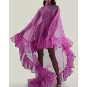 Vestido de Noche Elegante de Gasa Morada Premium con Cuello Alto, Mangas Tipo Capa, Volantes, Largo hasta el Suelo y Capa Transparente de Color Sólido - Product Image 3