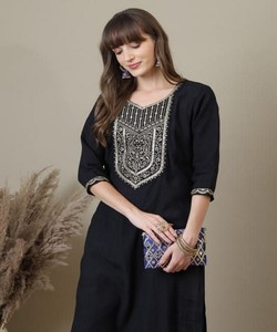 Kurti en rayonne fantaisie avec broderie, tenue de fête, prix de gros, vêtement ethnique noir - Product Image 2