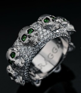 Mens <b>Skull</b> Band <b>Ring</b> with Green Gem Eyes and Full Diamond Pave Gothic Silver Statement Jewelry for Biker Style - Product Image 2