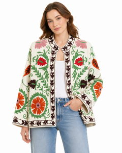 Women Velvet Embroidered <b>Quilted</b> <b>Jacket</b> O-Neck Regular Sleeve Floral Boho Style Winter Coat Handmade Suzani <b>Pattern</b> Reversible - Product Image 1