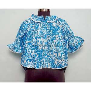 Tunique moderne à imprimé floral, 100% coton, lavable, décontractée, touche féminine, col mandarin à volants, manches courtes - Product Image 1