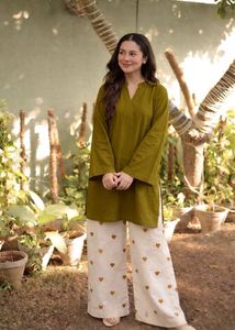 Pink V Neck Long Sleeve Loose Fit Midi <b>Dress</b> With Heart Pattern plazo Wear All Seasons Cotton Bamboo Fiber Breathable - Product Image 6