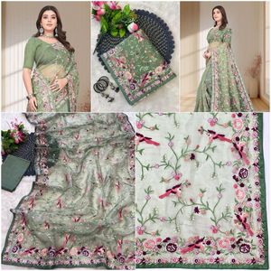 Indian Boutique Traditional <b>Silk</b> Saree with Tissue Organza and Beautiful Multi Embroidery C-Pallu Work for Women Party Wear - Product Image 6