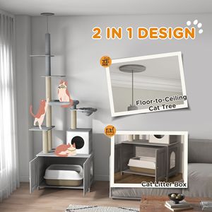 Árbol para gatos 2 en 1 gris, de suelo a techo, con caja de arena, cama tipo condominio, hamaca, postes rascadores, plataformas y casas para gatos, en embalaje de cartón - Product Image 4