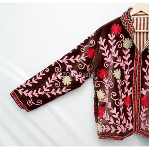 Velvet Floral Embroidered <b>Reversible</b> Breathable Eco-Friendly Mandarin Collar Full Sleeve Autumn Women's <b>Coat</b> Cotton Lining - Product Image 5