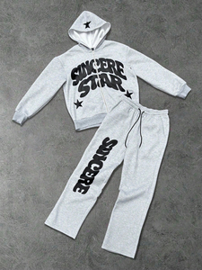 NEW Men's Letter Print <b>Hooded</b> <b>Zip</b> Sweatshirt And Drawstring Sweatpants Set - Product Image 1