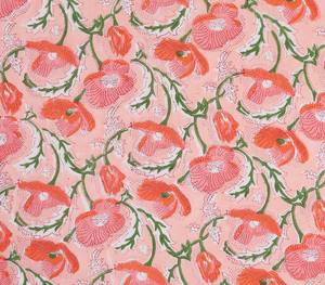 Tissu 100% Coton Imprimé Floral à la Main Motif Coquelicot Rose Pêche Vert pour Robes, Rideaux, Canapés, Costumes Filles Léger - Product Image 1