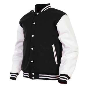 Black <b>White</b> Stand Collar Winter Varsity <b>Jacket</b> Wool and Polyester/Cotton Sleeve for Men Custom Patchwork Covered Button Front - Product Image 1