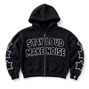 Sweat-shirt à capuche noir zippé pour homme, imprimé « Stay Loud Make Noise », motif étoile, coupe classique, streetwear, vêtement d'automne - Product Image 1