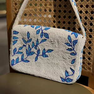 Bolso de Hombro de Lujo Hecho a Mano con Cuentas, Patrón de Hojas Blancas y Azules Bordadas, Bolso de Mano Elegante para Mujer, Bolso de Fiesta Pequeño - Product Image 5