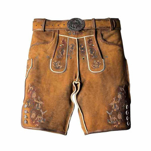 Wholesale <b>Men</b> Genuine Leather Lederhosen Tan Brown Bavarian Oktoberfest Embroidered German Leather <b>Shorts</b> Custom OEM - Product Image 1