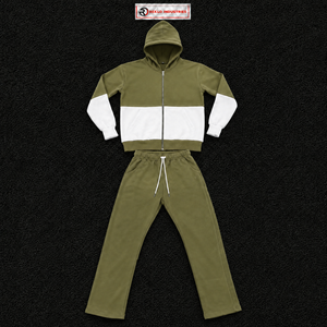 Olive <b>White</b> Color Block Tracksuit <b>Men</b> Full Zip Hoodie With Matching <b>Jogger</b> Pants Premium Two Piece Athletic Outfit Modern Street - Product Image 5