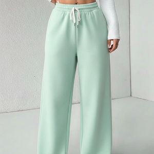 Women Summer Mid Waist Drawstring Loose Side Pockets <b>Elastic</b> 100% Cotton Fleece Breathable Eco-Friendly Solid Wide Leg Pants - Product Image 1