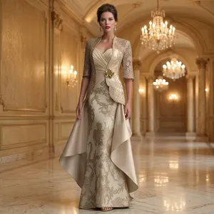 Vestido de encaje color champán con sobrefalda desmontable y bolero, conjunto formal de tres piezas para la noche. - Product Image 2