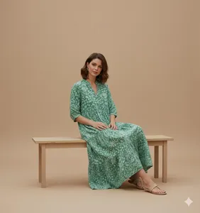 Robe midi bohème pour femme en coton bleu clair à imprimé floral, manches 3/4, coupe ample, col en V, robe d'été décontractée - Product Image 1