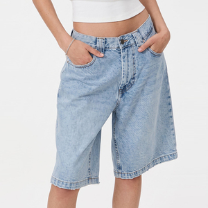 Women's <b>Jeans</b> Custom Factory Soft Comfortable <b>High</b> <b>Waist</b> Light Wash Frayed Wide Leg Denim <b>Shorts</b> - Product Image 3