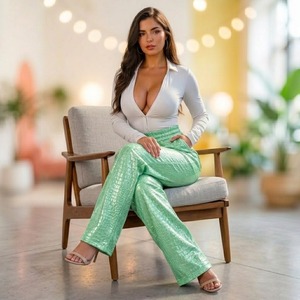 Pantalon large en cuir gaufré crocodile, pantalon en cuir stretch slim, pantalon sexy en cuir verni pour femme - Product Image 3