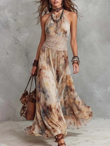 Robe longue en mousseline tissée à imprimé floral bohème, col en V profond, coupe ajustée, taille naturelle, pour l'été, décontractée, usage quotidien, ODM - Product Image 2
