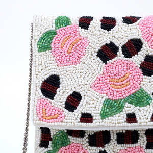 Handmade Beaded Clutch Bag Floral Pattern <b>Envelope</b> Purse with Silver Chain Strap - Product Image 5