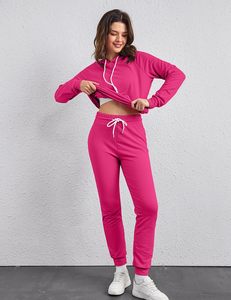 Ensemble de survêtement rose à capuche pour femme, manches longues, couleur unie, sweat-shirt et pantalon décontractés avec poches latérales, polyester respirant - Product Image 3