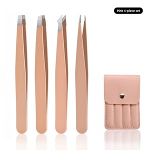 Ensemble de 4 pinces à épiler pour sourcils en acier inoxydable rose personnalisées, étui moderne, pointes pointues et droites, légères et durables - Product Image 1