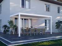 Pergola motorisée en aluminium à lames orientables blanches 3x4m avec éclairage LED sur poutre, fixation murale pour terrasse, cour, ou couverture de terrasse arrière