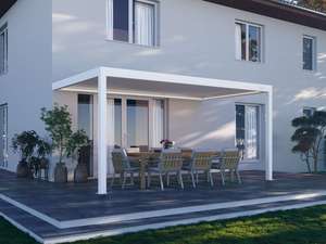 Pergola motorisée en aluminium à lames orientables blanches 3x4m avec éclairage LED sur <span class=keywords><strong>poutre</strong></span>, fixation murale pour terrasse, cour, ou couverture de terrasse arrière - Product Image 1