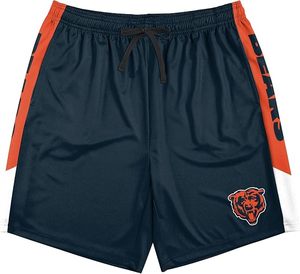 Pantalones Cortos Deportivos Azul Marino con Franjas Laterales Naranjas y Logotipo de Tigre, Ropa Deportiva de Poliéster Resistente - Product Image 1
