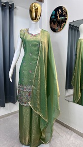 Yellow & Green Silk <b>Embroidered</b> Traditional Indian Wedding Dupatta Set Women's Ethnic <b>Shawl</b> Floral Pattern Spring Summer Wear - Product Image 3