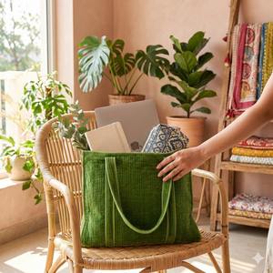 Bolso Tote de Terciopelo de Algodón Verde Premium para Mujer, Acolchado, Gran Capacidad, Doble Asa, Cierre de Cremallera, Bolso de Hombro para Viaje - Product Image 1