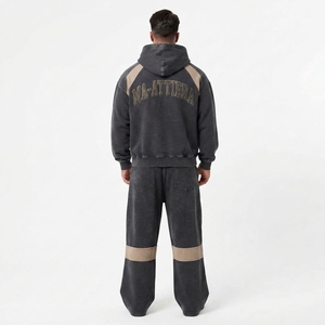Conjunto de chándal de streetwear con bloques de color: Sudadera con capucha oversize con cremallera para hombre y pantalones de chándal de pierna ancha - Product Image 4