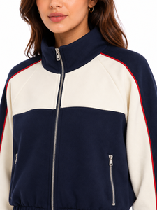 Premium <b>Women's</b> Color Block Cropped Bomber <b>Jacket</b> Full Zip Casual Sweatshirt <b>Jacket</b> Navy Blue White Contrast Lightweight Fashion - Product Image 4