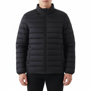 Men's Black Puffer <b>Jacket</b> Stand Collar Zipper Closure Windproof Polyester Winter Casual Coat Regular Fit Solid Color - Product Image 1