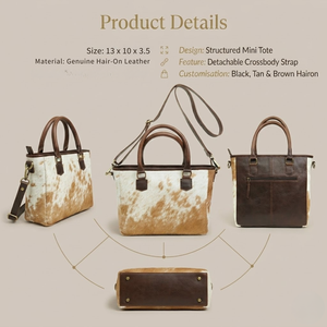 Mini Bolso Tote de Cuero Genuino con Pelo |   Bolso de mano con estampado de piel de vaca y correa cruzada |   Bolso Tote Compacto, Duradero y Elegante de Diseño - Product Image 6