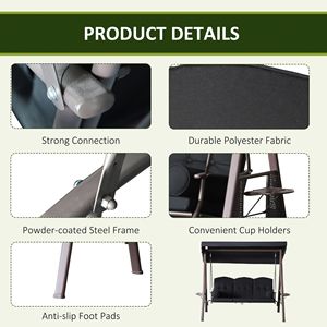 Dondolo a 3 posti in acciaio con tettoia e cuscini laterali imbottiti per patio, colore nero, modello da donna - Product Image 5