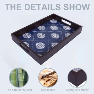 Ensemble de 3 plateaux de service en bois laqués imperméables avec motif floral bleu, plateau de service décoratif pour le petit-déjeuner, le thé et le café - Product Image 5
