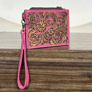 Handmade Genuine Tooled Pink Leather Cute Floral Design Wristlet Wallet Stylish Coin & <b>Credit</b> <b>Card</b> <b>Holder</b> Everyday Multi Use - Product Image 2