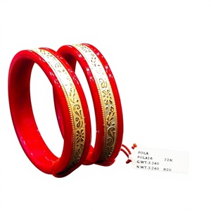 Traditional 22k Solid Gold Red Pola <b>Bangle</b> Pair Handcrafted Floral Gold Binding Coral <b>Bangles</b> <b>Indian</b> Bridal Jewelry - Product Image 1
