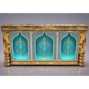 Mostrador de buffet para catering de acero inoxidable dorado con paneles decorativos e iluminación integrada - Product Image 1