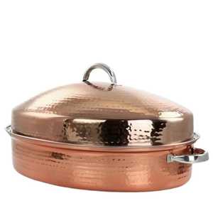 Copper Oval Casserole Hot Pot <b>Food</b> Warmer Hammered Metal Roasting <b>Server</b> Dish with Lid Brass Handles Tableware - Product Image 1