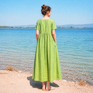 Robe longue en lin vert col V manches courtes coupe trapèze style bohème ample avec poches été décontractée tissée couleur unie ourlet évasé - Product Image 3