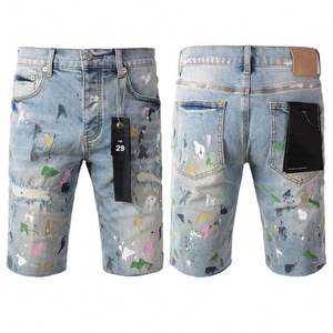 Shorts de Mezclilla para Hombre, Corte Recto, Cintura Media, Desgastados, Lavables, Blancos y Azules con Diseño de Salpicaduras de Pintura - Product Image 5