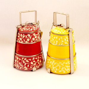 Vintage brass tiffin <b>box</b>, 2 tier hammered food carrier, traditional metal lunch <b>box</b>, available at wholesale prices. - Product Image 5