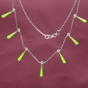 IGI Certified Lab Grown Diamond Green Enamel Station <b>Necklace</b> in <b>Solid</b> 925 Sterling <b>Silver</b> Modern Designer Jewelry <b>Necklace</b> - Product Image 4