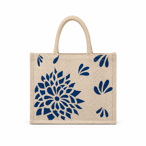 Sac fourre-tout en jute écologique avec imprimé floral, sac de courses réutilisable, design bicolore - Product Image 1