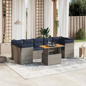 Set di divani da giardino in polyrattan grigio da 8 pezzi con cuscini, mobili da esterno resistenti - Product Image 1